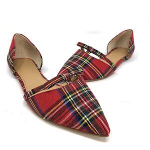 J Crew Shoes Womens 7.5 Red Tartan Dorsay Flats Mini Bow Slip Ons Pointed Toe